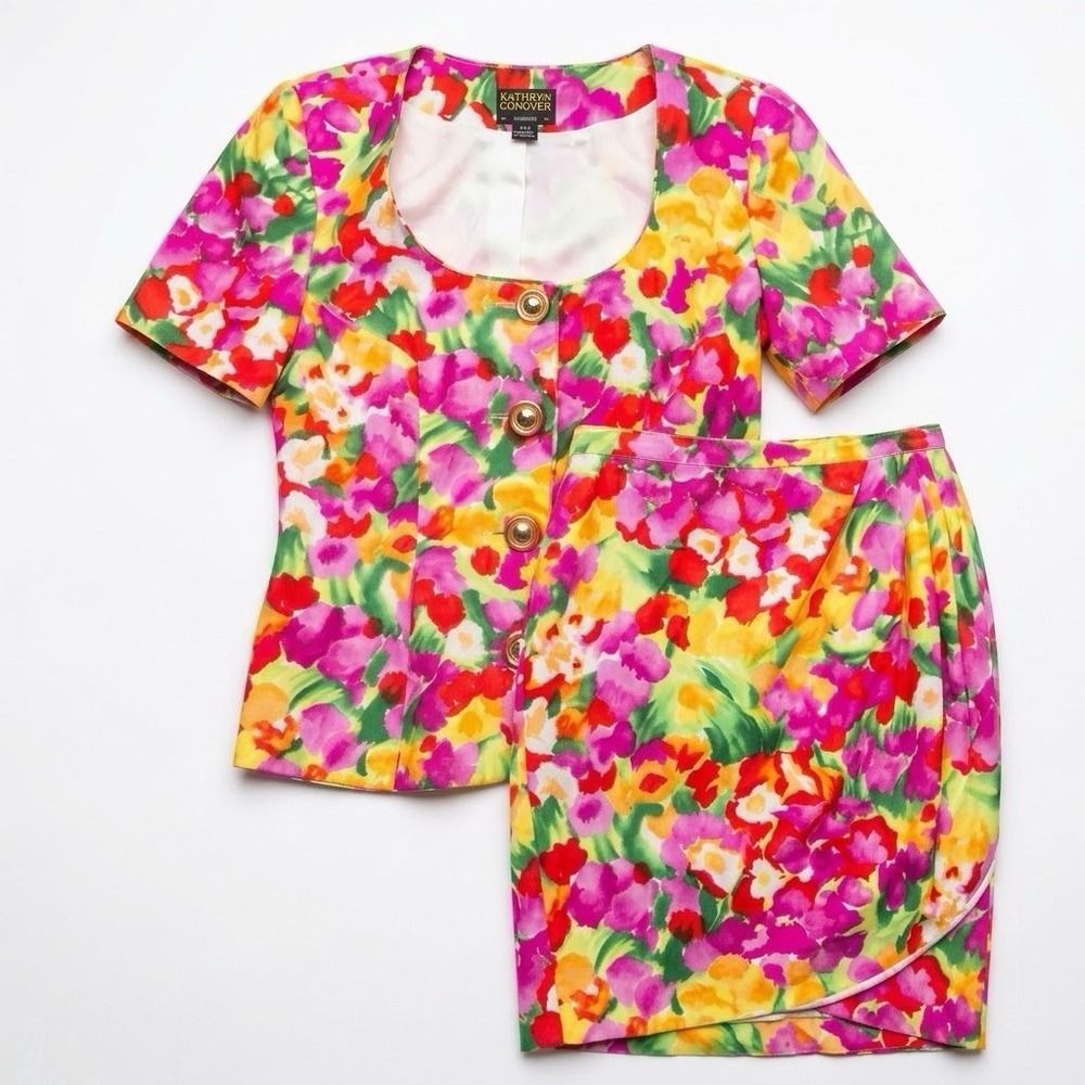 Vintage Kathryn Conover Jacket Skirt Set Womens 8 Multicolor Floral Satin 80s